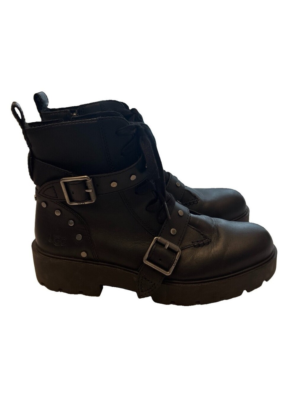 UGG Black Leather Motorcycle Lace Up Zipper Boots Women’s Size 12 Buckles Moto